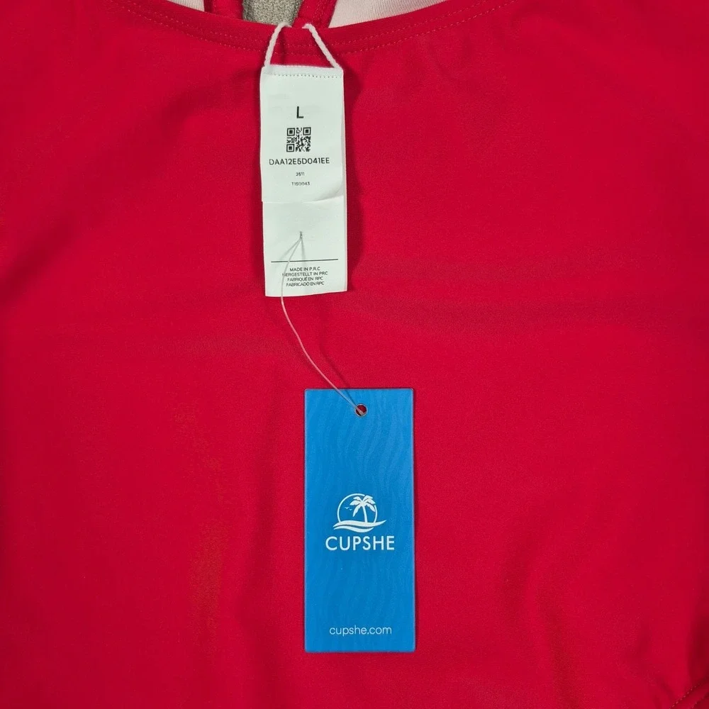 Cupshe Red Deep V Neck Ruched Halter One Piece‎ Swimsuit New Size L